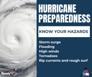 Graphic with hurricane clouds, with information about hurricane preparedness